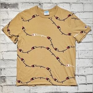 Champion Men’s Yellow Allover Script Logo T-Shirt Streetwear Tee Size L